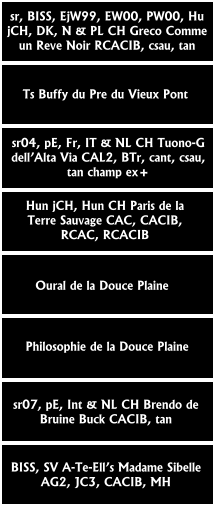 Hun jCH, Hun CH Paris de la  Terre Sauvage CAC, CACIB,  RCAC, RCACIB  sr, BISS, EjW99, EW00, PW00, Hu  jCH, DK, N & PL CH Greco Comme un Reve Noir RCACIB, csau, tan Ts Buffy du Pre du Vieux Pont  sr04, pE, Fr, IT & NL CH Tuono-G  dell’Alta Via CAL2, BTr, cant, csau,  tan champ ex+ Oural de la Douce Plaine  Philosophie de la Douce Plaine  sr07, pE, Int & NL CH Brendo de  Bruine Buck CACIB, tan BISS, SV A-Te-Ell’s Madame Sibelle  AG2, JC3, CACIB, MH