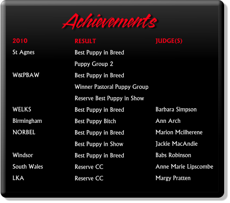 RESULT Best Puppy in Breed Puppy Group 2 Best Puppy in Breed Winner Pastoral Puppy Group Reserve Best Puppy in Show Best Puppy in Breed Best Puppy Bitch Best Puppy in Breed Best Puppy in Show Best Puppy in Breed Reserve CC Reserve CC   2010 St Agnes   W&PBAW    WELKS  Birmingham  NORBEL  Windsor South Wales  LKA JUDGE(S)      Barbara Simpson Ann Arch Marion Mcilherene Jackie MacAndie Babs Robinson Anne Marie Lipscombe Margy Pratten